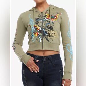 Ed Hardy Butterfly Rose Skull Crop Hoodie Zip Jacket Size S